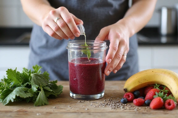 A close-up of a person's hands mixing ingredients for a healthy, vibrant smoothie, symbolizing nutritious eating.