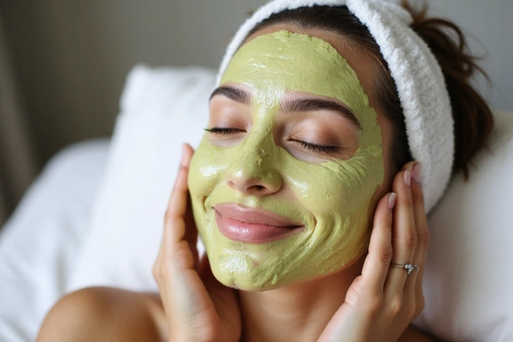 A woman applying a natural facial mask made from avocado and honey, with a joyful and relaxed expression, highlighting women's natural beauty routines.