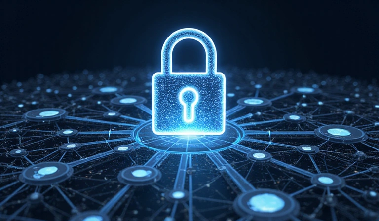 Illustration of a padlock icon over a network of interconnected devices, symbolizing data security